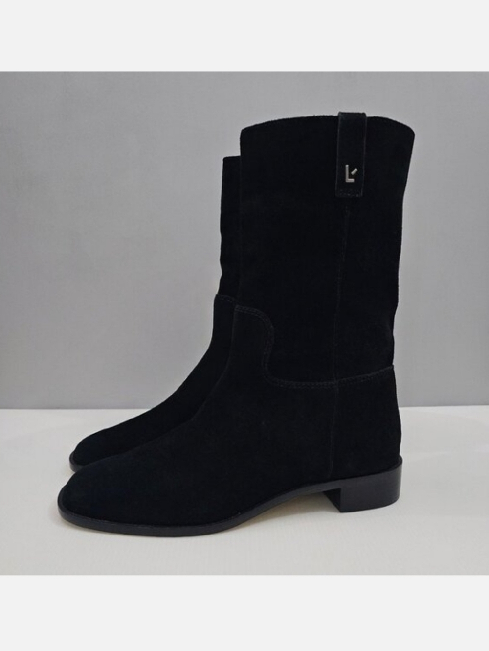 Larroude Black Suede Mid-Calf Heeled Boots